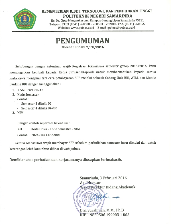 Ketentuan Wajib Pembayaran SPP POLNES 2016