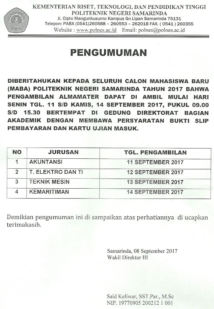 Pengumuman Pengambilan Almamater MABA 20170001