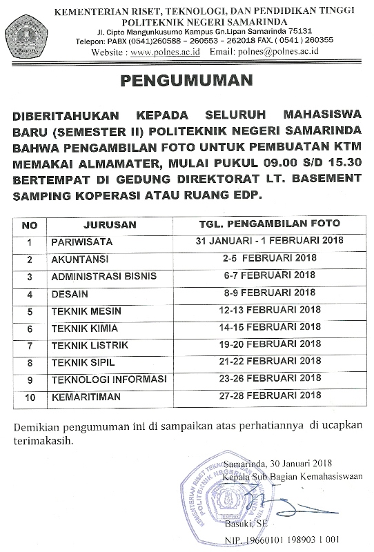 INFORMASI JADWAL PENGAMBILAN FOTO KARTU KTM MABA POLNES 2017