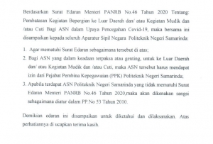 Direktur Keluarkan Edaran Pembatasan Bepergian ke Luar Daerah Bagi ASN Guna Mencegah Penyebaran Covid-19