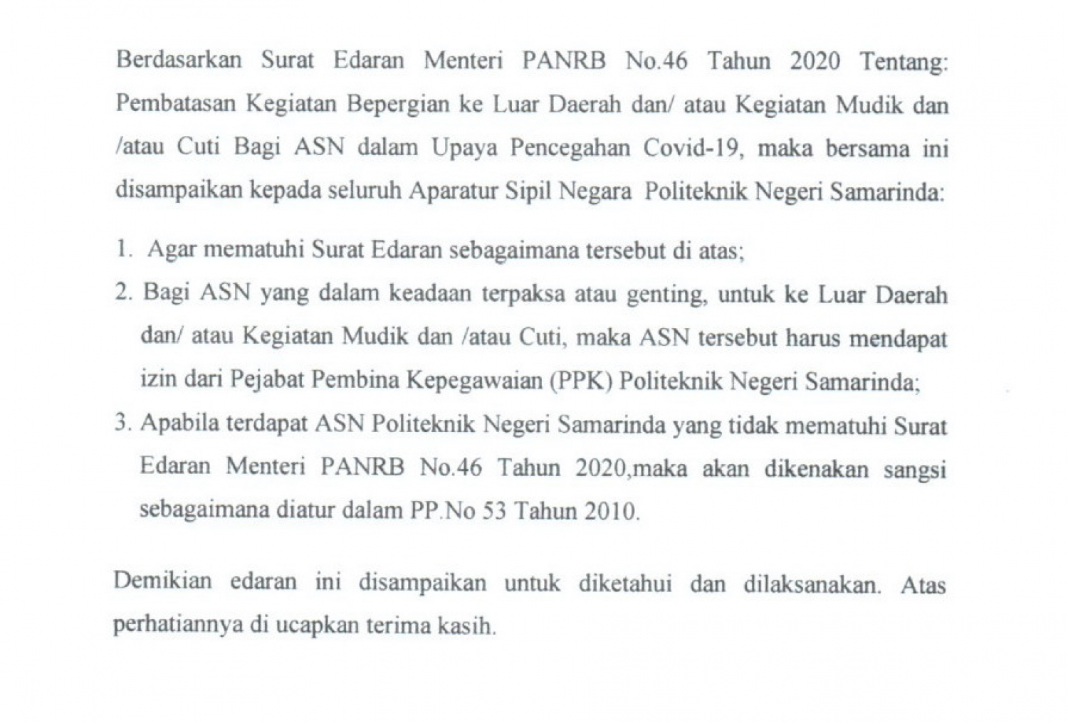 Direktur Keluarkan Edaran Pembatasan Bepergian ke Luar Daerah Bagi ASN Guna Mencegah Penyebaran Covid-19