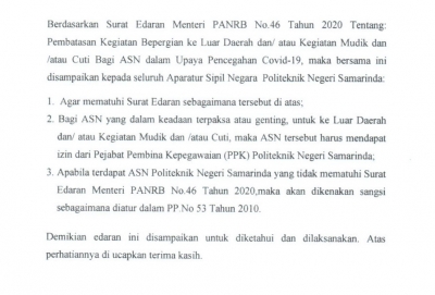 Direktur Keluarkan Edaran Pembatasan Bepergian ke Luar Daerah Bagi ASN Guna Mencegah Penyebaran Covid-19