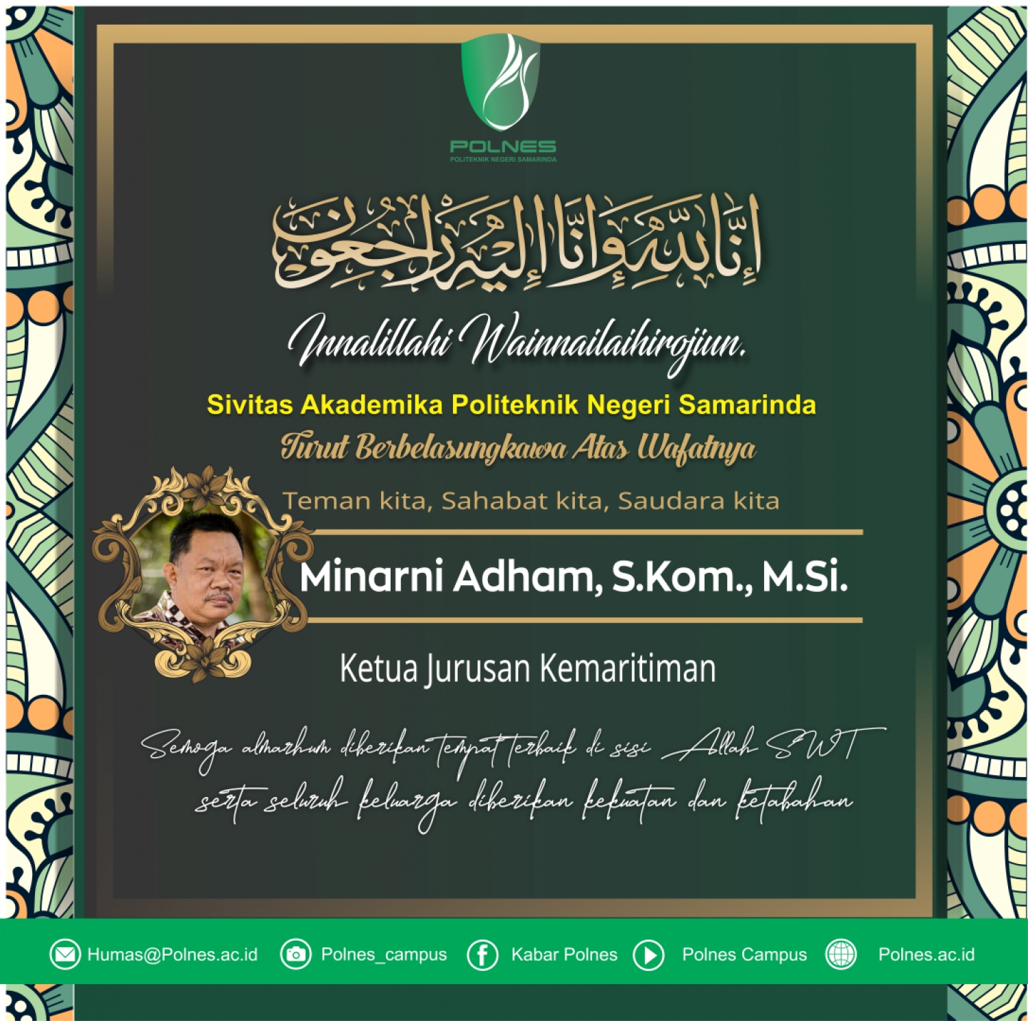 BERITA DUKA Wafatnya  Bapak Minarni Adham, S.Kom., M.Si Kajur Kemaritiman