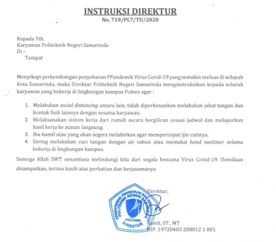 Instruksi Direktur POLNES Tentang Semakin Meluasnya Penyebaran Virus CORONA di SAMARINDA