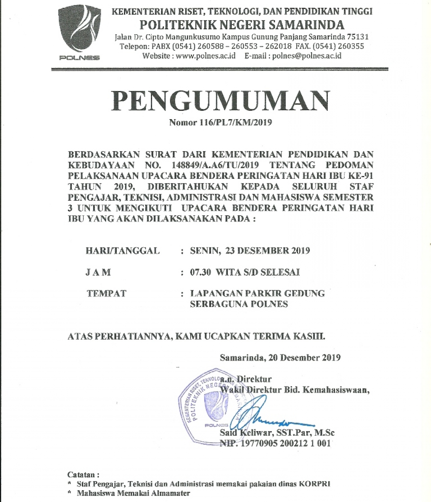 Pengumuman Pelaksanaan Upacara (APEL) Bendera Memperingati Hari IBU Tanggal 23 Desember 2019