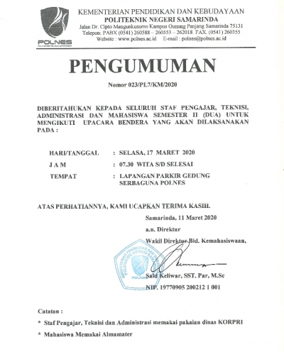 Pengumuman Pelaksanaan Upacara (APEL) Bendera Tanggal 17 Maret 2020