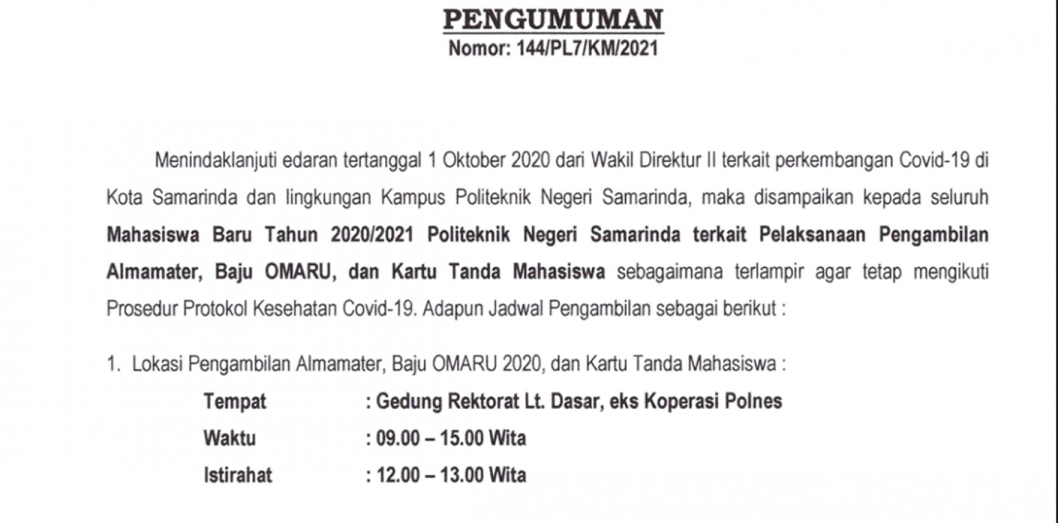 Pengumuman Jadwal Pengambilan Baju Almamater dan KTM Maba 2020-2021